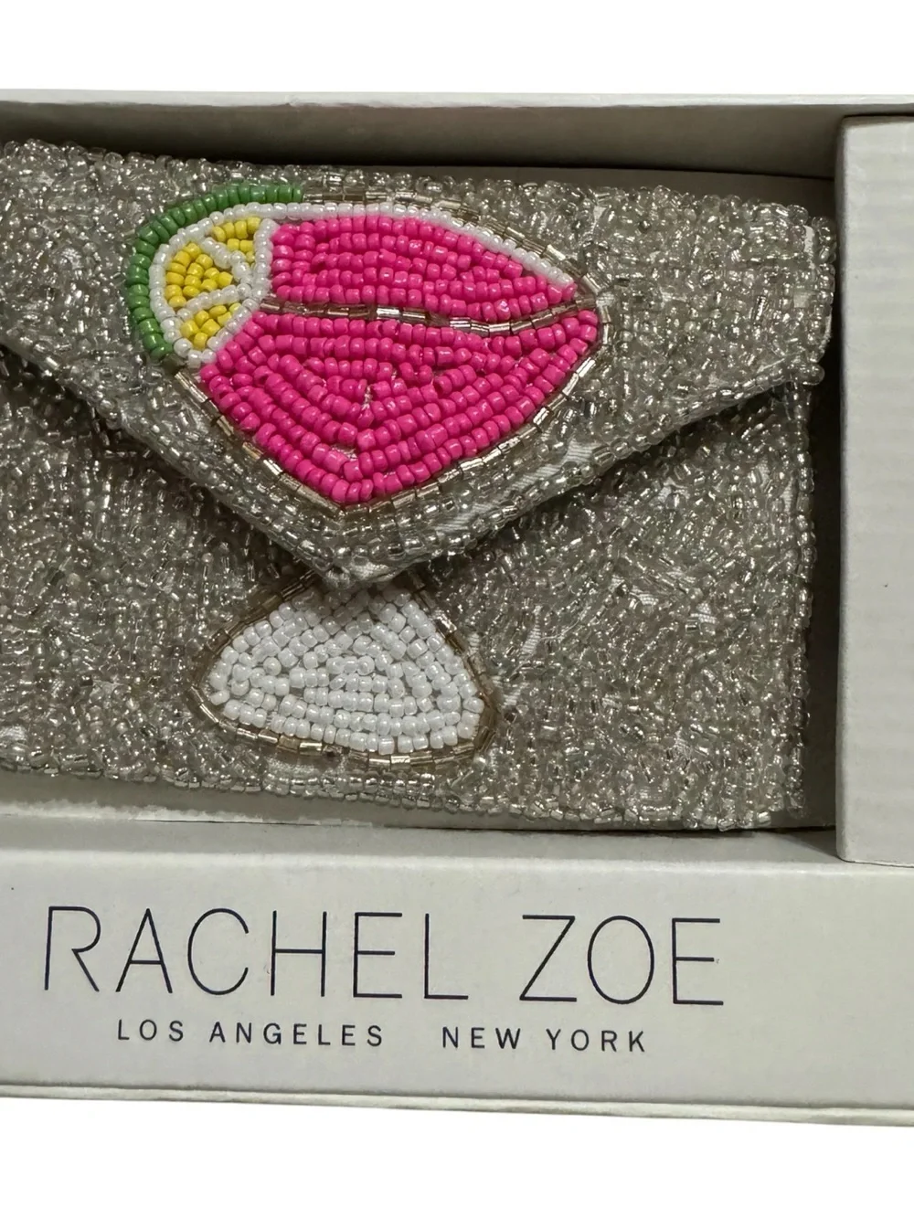 Rachel Zoe Silver Beaded Card Case with Pink & Yellow Cocktail Charm. NWT.